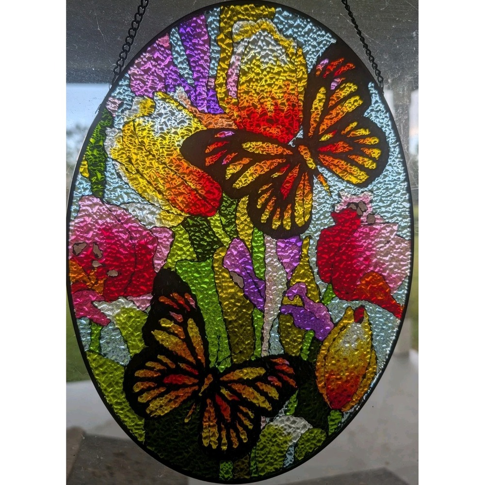 Stained Glass Suncatcher Butterflies Flowers 12" X 8.5" Oval Vibrant Colors New